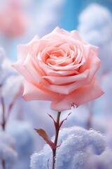 A single pink rose in the snow