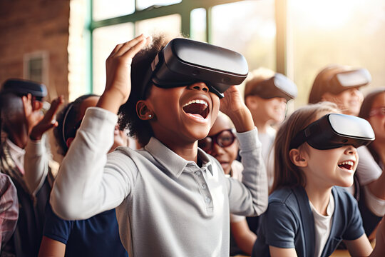 School children wearing VR virtual reality headsets in a classroom
