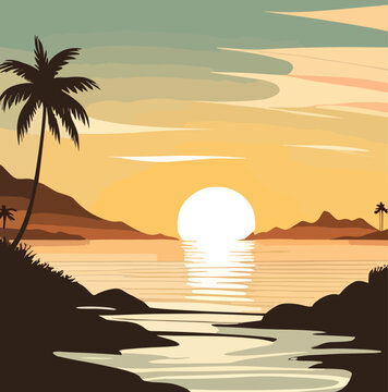 Tropical beach with palm trees and sea. Exotic island in ocean at sunset. Nature landscape and seascape. Square abstract art background, banner, cover, phone wallpaper vector colorful illustration