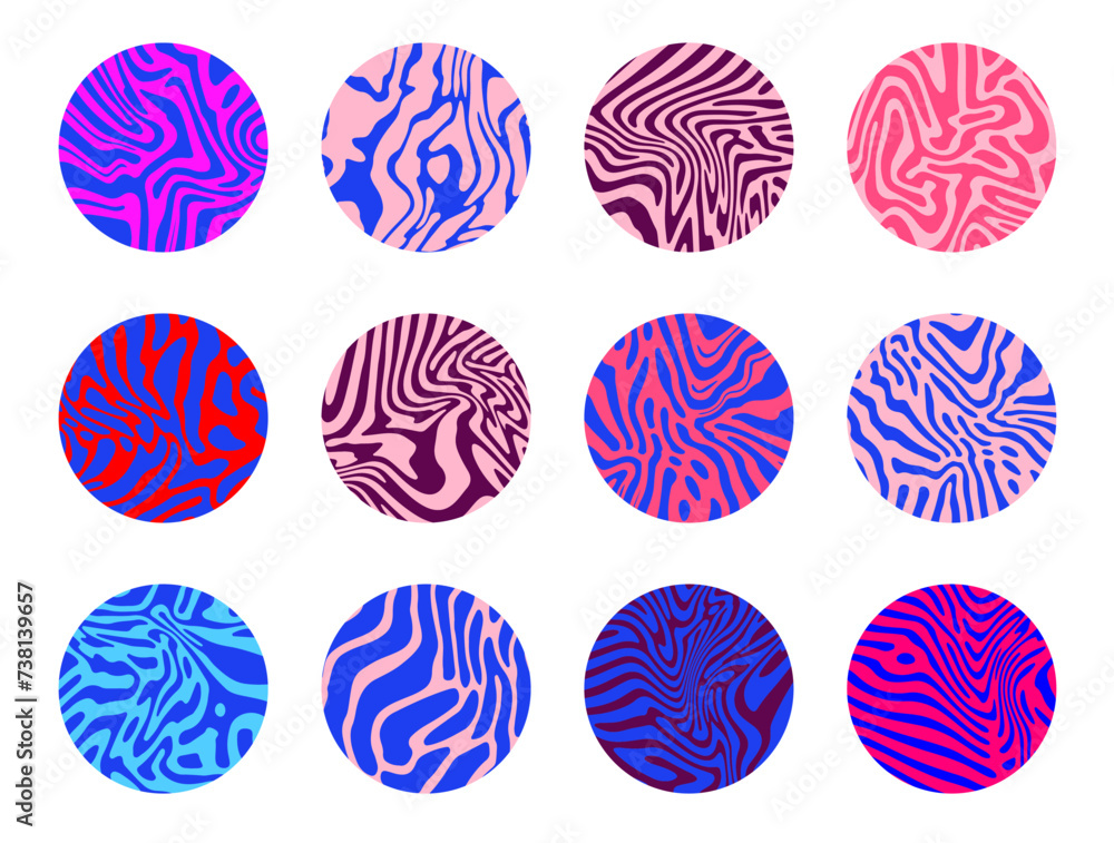 Poster Set of colorful circles with wavy psychedelic pattern. Collection of abstract modern elements for poster, cover, logotype design.