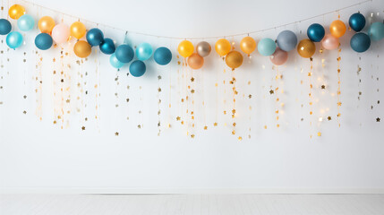 Urodzinowa ściana - tło na życzenia z okazji rocznic, jubileuszów, narodzin, chrztu, ślubu. Dekoracje z balonami, prezentami i girlandami - obrazy, fototapety, plakaty
