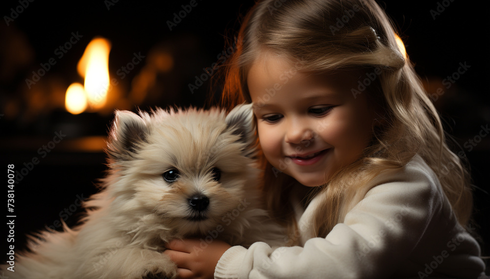 Wall mural cute small dog, child, and pets bring happiness and joy generated by ai