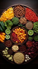 A variety of healthy food ingredients arranged in a circle on a wooden table