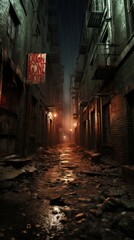 A dark and rainy alleyway with a red light at the end