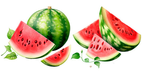 Set of watercolor watermelon, isolated on transparent background - obrazy, fototapety, plakaty