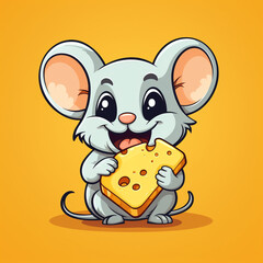 flat logo of Cute baby mouse with big eyes lovely little animal 3d rendering cartoon character with a cheese.