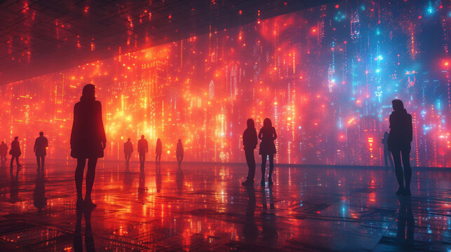 In a virtual 3D space a holographic meeting takes place between a team of developers and their clients. As they discuss architectural plans the holographic images of buildings