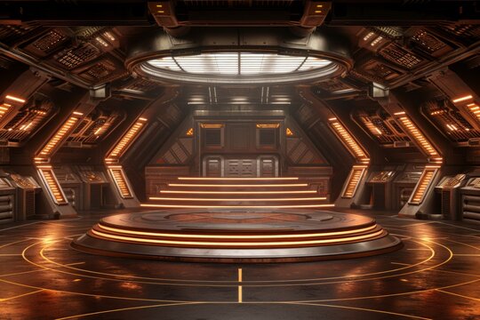futuristic spaceship interior with a large circular platform in the center