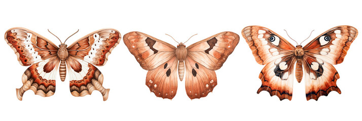Set of watercolor brown vintage moth, isolated on transparent background. Watercolor colorful butterflies illustration