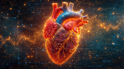 A detailed digital illustration of a human heart set against a sparkling cosmic background.