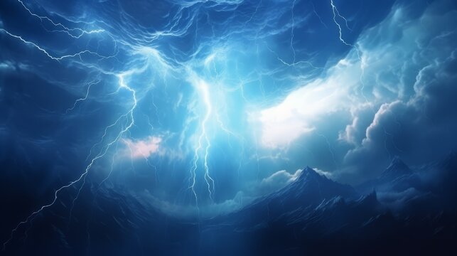 Blue sky with thunder and lightning over the mountains