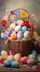 Ornate Easter Basket with Colorful Floral Arrangement