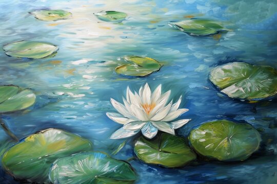 A beautiful painting of a white water lily in a pond surrounded by lily pads.