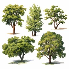 watercolor painting of different types of trees