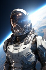 Astronaut in futuristic spacesuit with helmet visor reflecting stars and planet Earth in the background