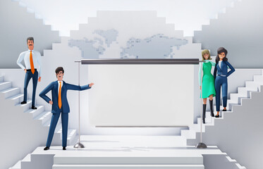 Fototapeta premium Businessman presenting report or project in an abstract business environment with many stairs going up and down. Empty screen, copy space. 3D rendering