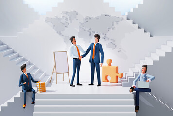 Business people handshake, team collaborate on project, work together in an abstract business environment with many stairs going up and down. 3D rendering