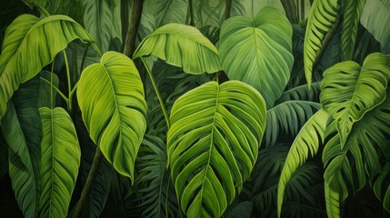 Green leaves of tropical plants - obrazy, fototapety, plakaty