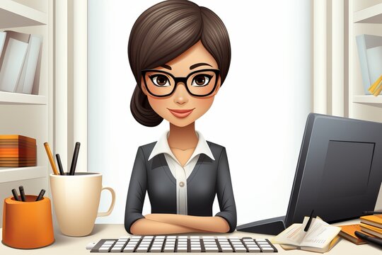 A businesswoman wearing glasses is sitting at her desk and looking at the camera.