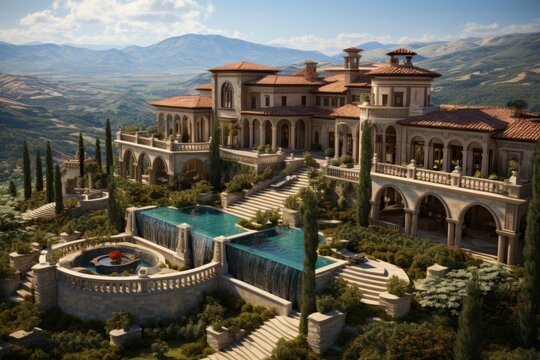 Large luxury mansion with pool and mountain views