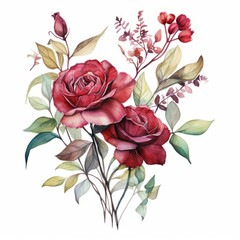 Exquisitely detailed watercolor painting of red roses with buds and leaves