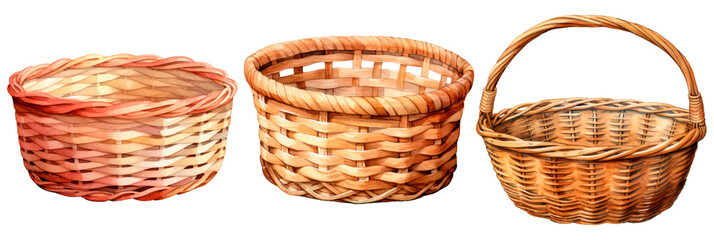 Set of wicker basket in watercolor, isolated on transparent background - obrazy, fototapety, plakaty