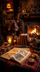 A cozy study with a fireplace and a desk full of books and maps