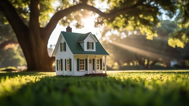 Small White House Model Sitting in Tall Green Grass Field Near Large Tree