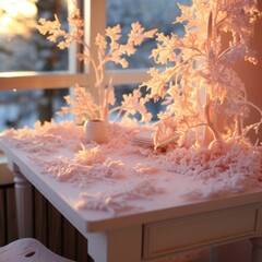 A table covered with pink fluffy material and decorated with snowy trees and a ceramic vase