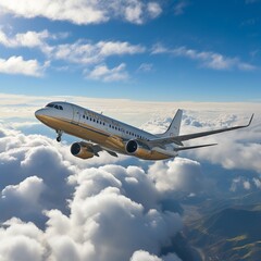 A golden airplane is flying in the blue sky above the clouds