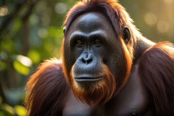 close up portrait of a orangutan in the wild. wildlife