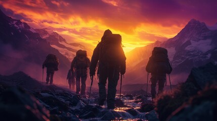 A group of hikers walk through a mountain pass at sunset - obrazy, fototapety, plakaty