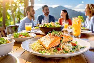 Lachs mit Nudeln und Salat im Vordergrund, im Hintergrund ein Restaurant - obrazy, fototapety, plakaty