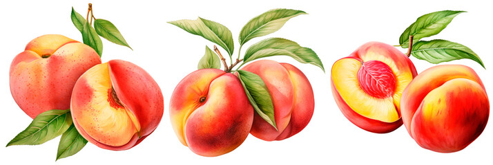 Set of  watercolor peach, isolated on transparent background