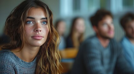 A girl with an attentive look and with other people in the background. Concept: mental health, education and conferences