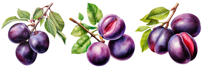 Set of watercolor plum isolated on transparent background