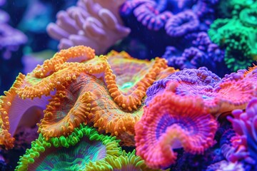 Obraz premium This close-up photo showcases a vibrant assortment of various colored corals, highlighting their intricate details, Close-up of coral formations in bright colors, AI Generated