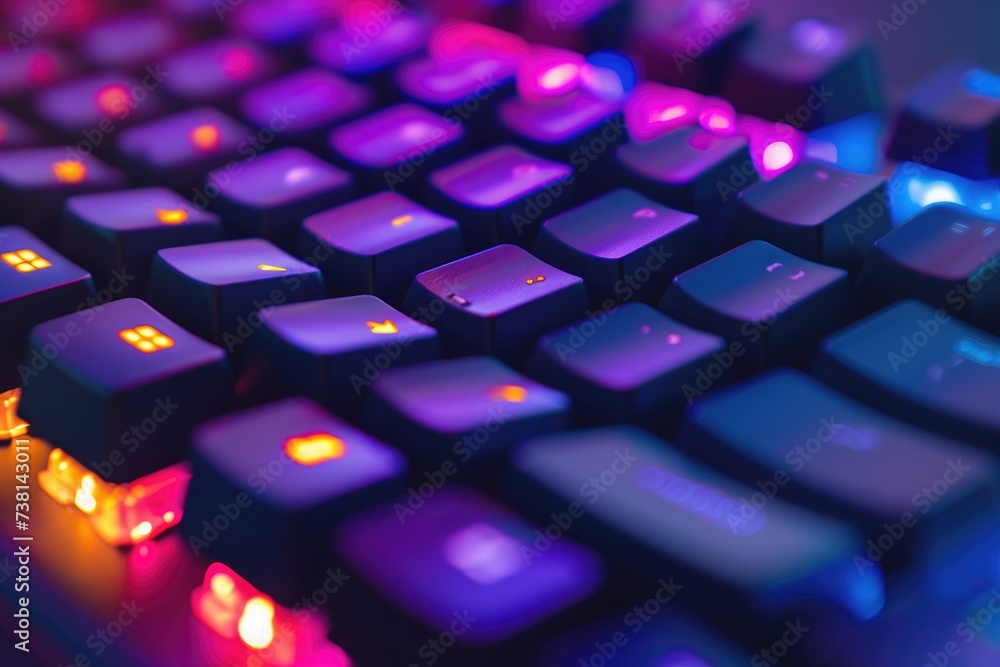 Poster a detailed view of a computer keyboard with vibrant backlighting illuminating the keys, close-up of 