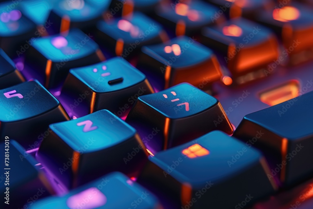 Poster a detailed view of a computer keyboard with blue keys, showcasing its individual buttons, close-up o