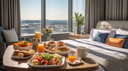 A delicious breakfast spread with a view of the city