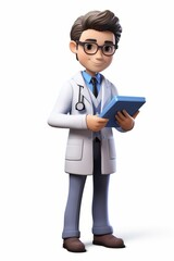 A male doctor in a white coat holding a clipboard