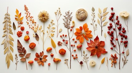 An assortment of pressed flowers and leaves in fall colors arranged on a white background - obrazy, fototapety, plakaty