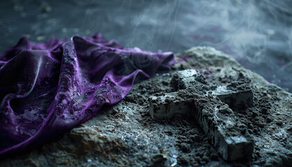 Ash Wednesday concept with a cross of ashes on a stone surface, purple cloth in the background,...