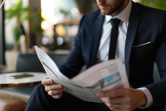 Businessman in Black Suit Reading Financial Newspaper, Close-up shot of a businessman reading a financial newspaper, AI Generated