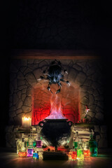 Halloween style object concept. Witch's cauldron with colored potion in bottles and various...