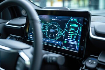 High-Tech Dashboard With Touch Screen in a Car, Close-up shot of an electric vehicle dashboard charging screen, AI Generated