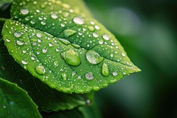 A detailed close-up view showcasing a single leaf adorned with glistening droplets of water, Close-up shot of dew drops on a leaf, AI Generated