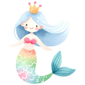 Cute watercolor mermaid clipart with transparent background