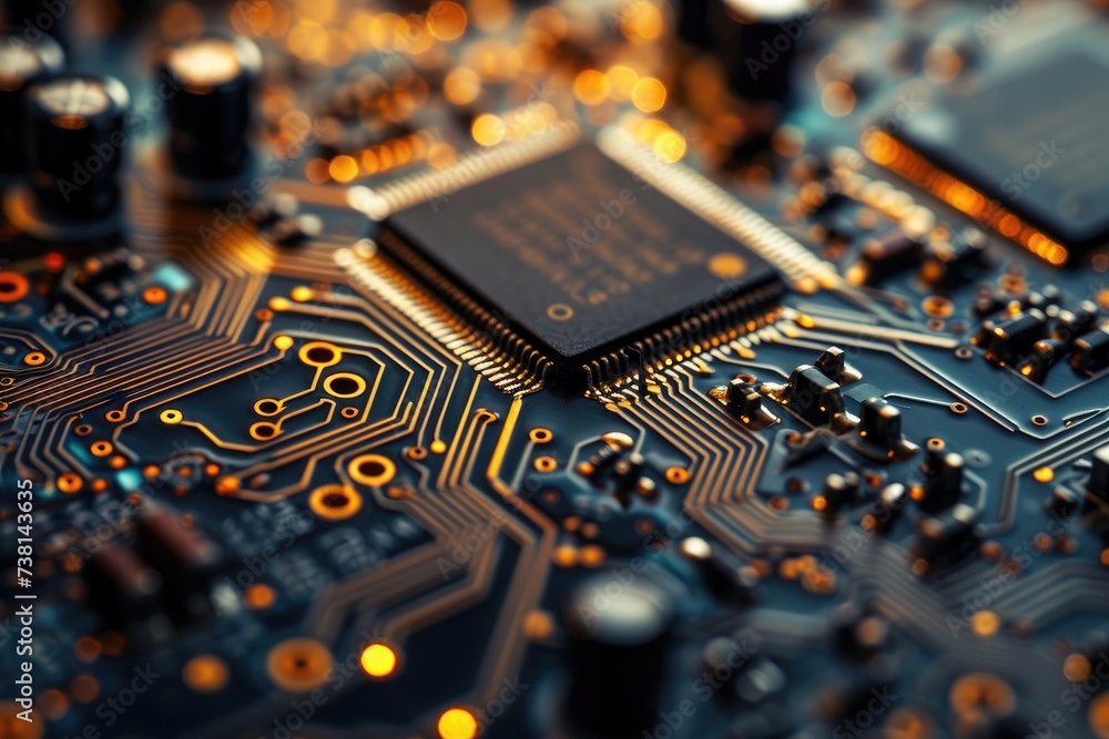 Poster this close-up photograph captures the intricate details of a computer circuit board, close-up view o