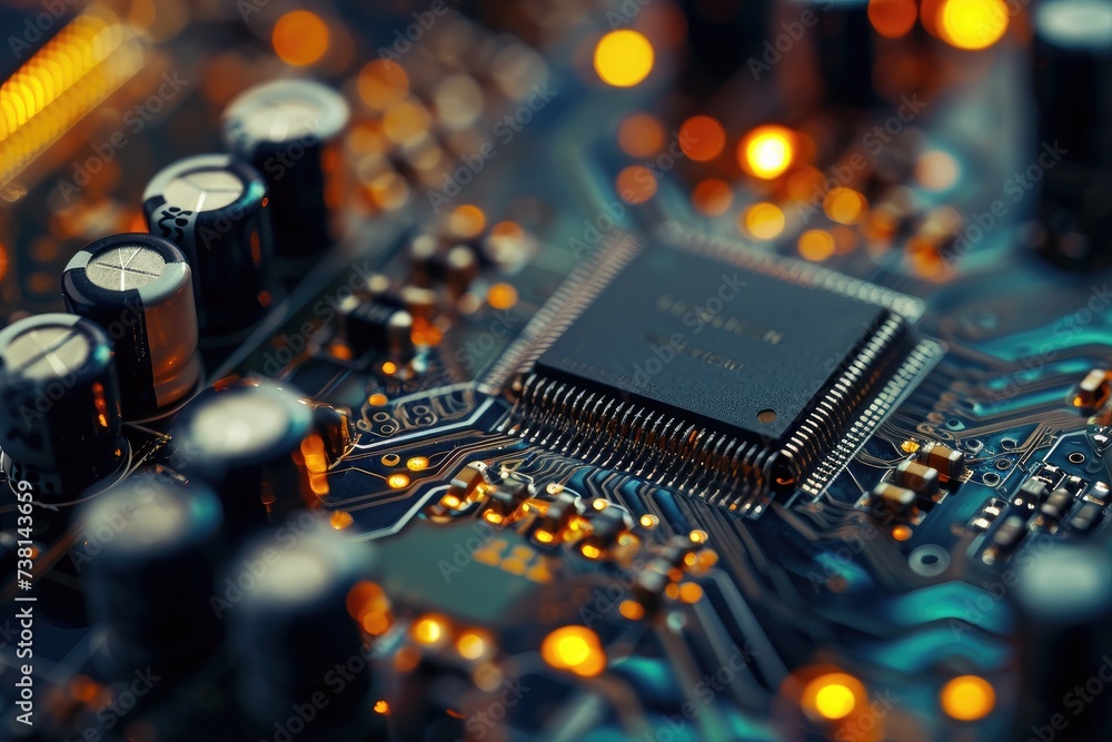 Poster a detailed image of a computer motherboard, highlighting its integrated circuits and connectors, clo